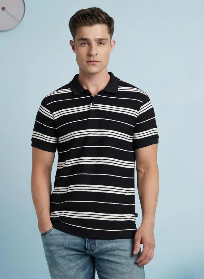 Dennis Lingo Men Black Regular Fit Striped Polo