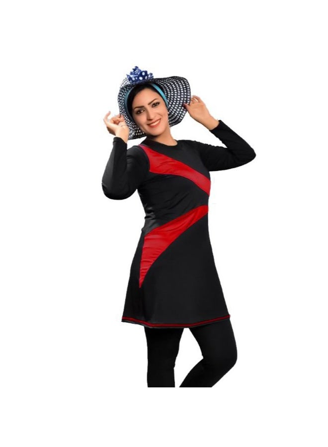 Women's swimsuit, 3 pieces, vest and jumpsuit with sleeves and bonnet