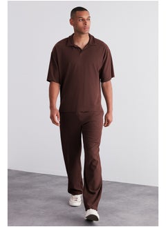 Limited Edition Brown Oversize/Wide Texture Anti-Wrinkle Ottoman Polo Collar T-Shirt TMNSS23PO00020