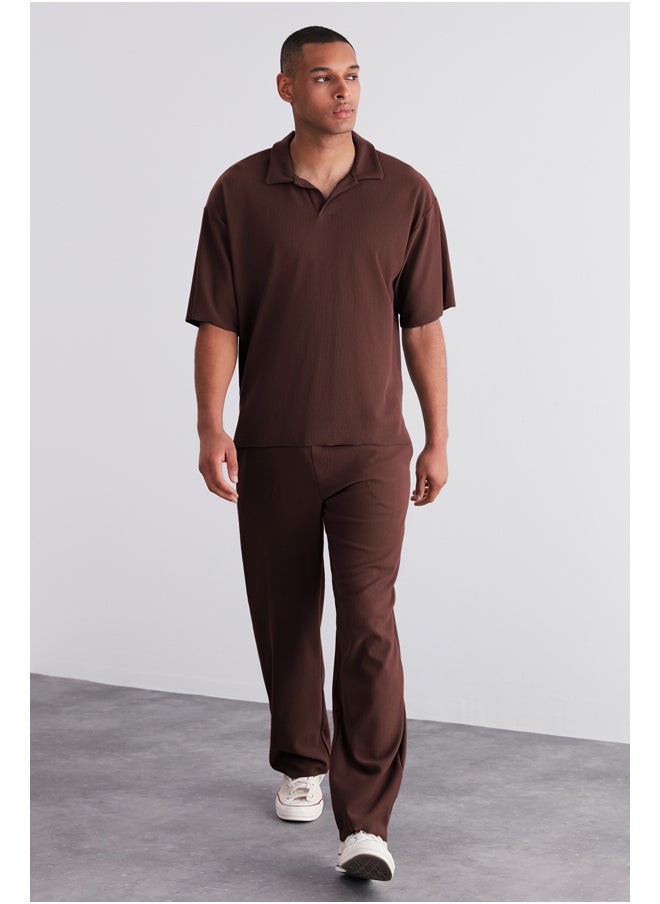 trendyol - Limited Edition Brown Oversize/Wide Texture Anti-Wrinkle Ottoman Polo Collar T-Shirt TMNSS23PO00020 - Image 1