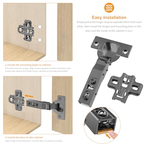 Chibery 20 PCS Full Overlay 3/4 inch Overlay Soft Close Hinges, Clip ON Plate, 105 Degree, Silent Hydraulic, Black Frameless European Concealed Hinge for Kitchen Cabinet Door, Wardrobes, and Bookcases - Image 4