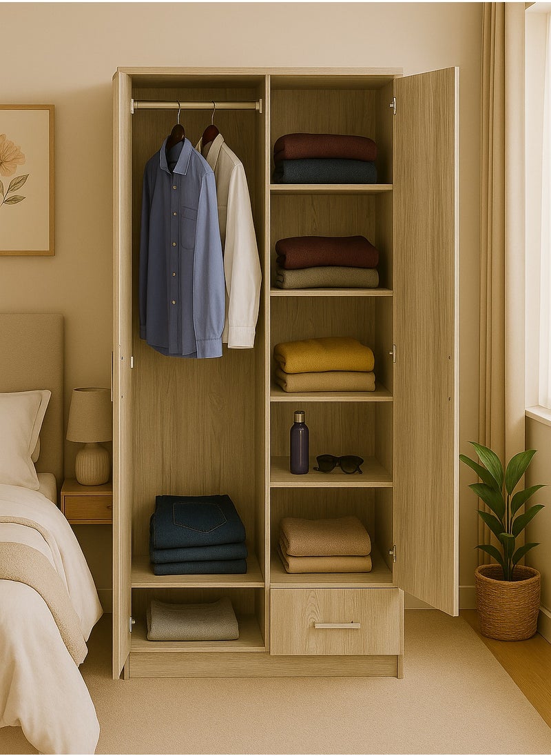 KARNAK Modern 2-Door Wooden Wardrobe with Drawer – Ash Finish  - Image 1
