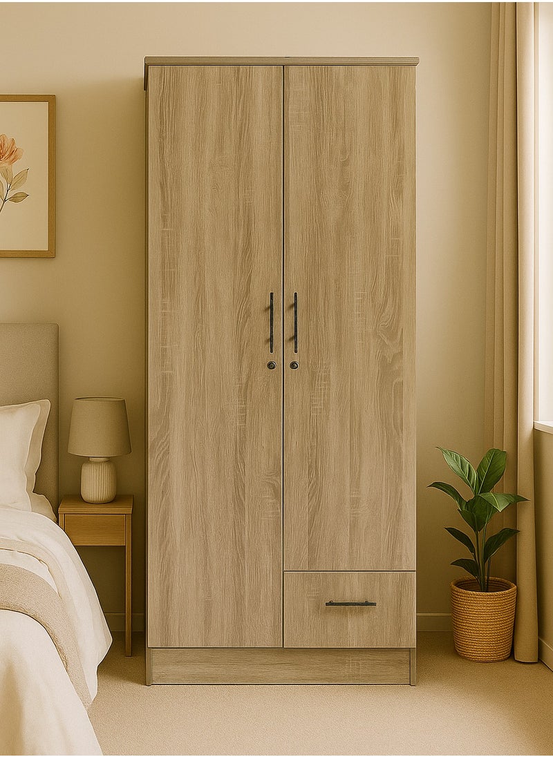 KARNAK Modern 2-Door Wooden Wardrobe with Drawer – Ash Finish  - Image 2