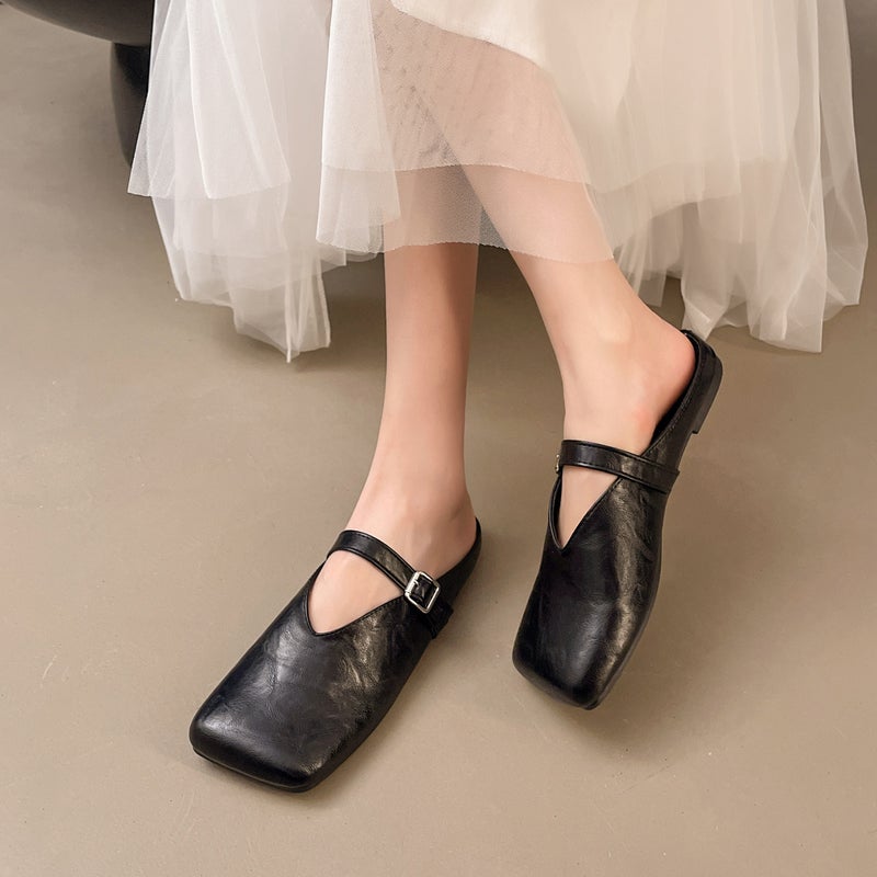 Flat Mary Jane Closed-Toe Mules For Women, Korean Version, Large Size, Soft Sole, Square Toe, Slip-On Sandals - Image 1