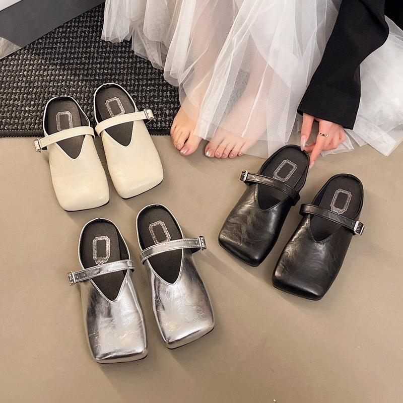 Flat Mary Jane Closed-Toe Mules For Women, Korean Version, Large Size, Soft Sole, Square Toe, Slip-On Sandals - Image 2