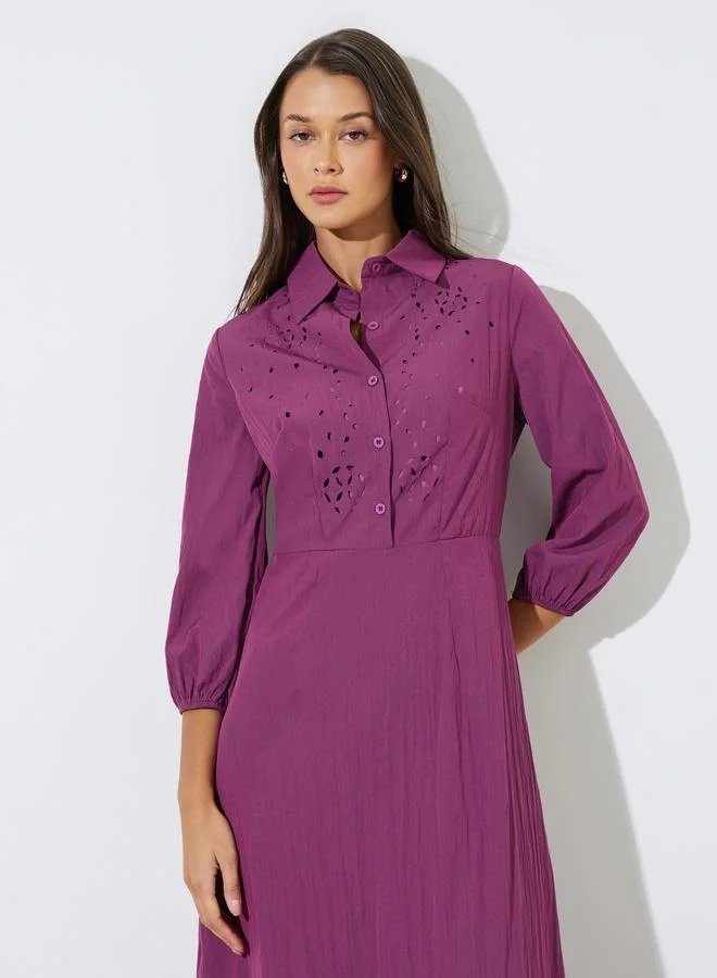 Styli Purple Solid Schiffli Details 3/4 Sleeves A-Line Maxi Dress