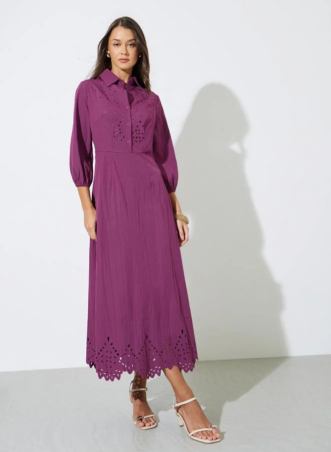 Purple Solid Schiffli Details 3/4 Sleeves A-Line Maxi Dress