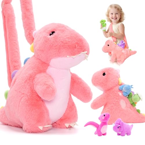 OUOZZZ Pink Dinosaurs Stuffed Animals with 4 Babies Inside  Girl Dinosaur Plush Toys for Kids 35 Birthday Gift Toddler with Shoulder Strap - Image 1
