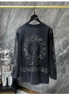 Autumn Winter Rhinestone Cotton Long-Sleeve Tee Wash Black