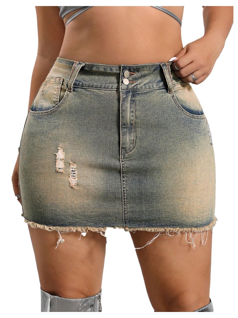 WDIRARA Women's Plus Size Distressed Denim Skirt Frayed High Waist Bodycon Mini Jean Skirts with Pockets Light Wash X-Large Plus - Image 1