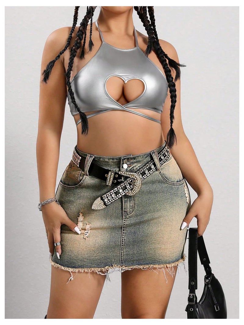 WDIRARA Women's Plus Size Distressed Denim Skirt Frayed High Waist Bodycon Mini Jean Skirts with Pockets Light Wash X-Large Plus - Image 5