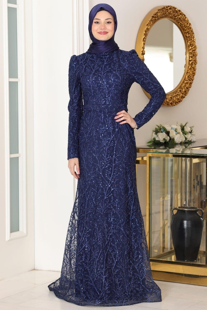 Esilanur Tuana Hijab Evening Dress Navy Blue  - Image 2