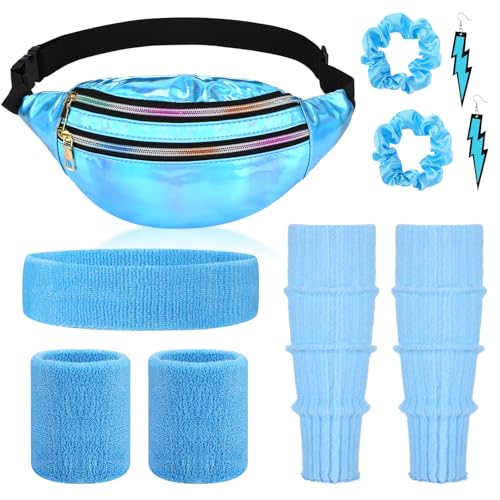 Handepo 7 Pcs 80s Accessories for Women Neon Leg Warmers 80s Women Workout Outfit Fanny Pack Headband Wristbands for Yoga RunSky Blue - Image 1