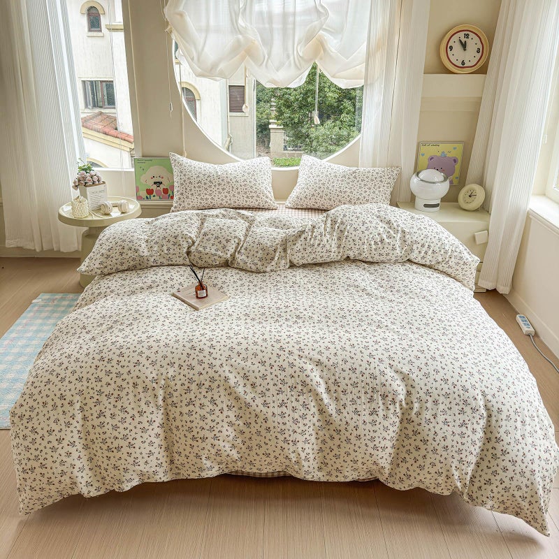 MOTNTD Floral Duvet Cover Queen Size Boho Muslin Cotton Queen Comforter Cover Double Gauze Lightweight Chic Cute Duvet Cover Set with 2 Pillow Cases Soft Bedding Set for Girls Rustic Duvet Protector - Image 1