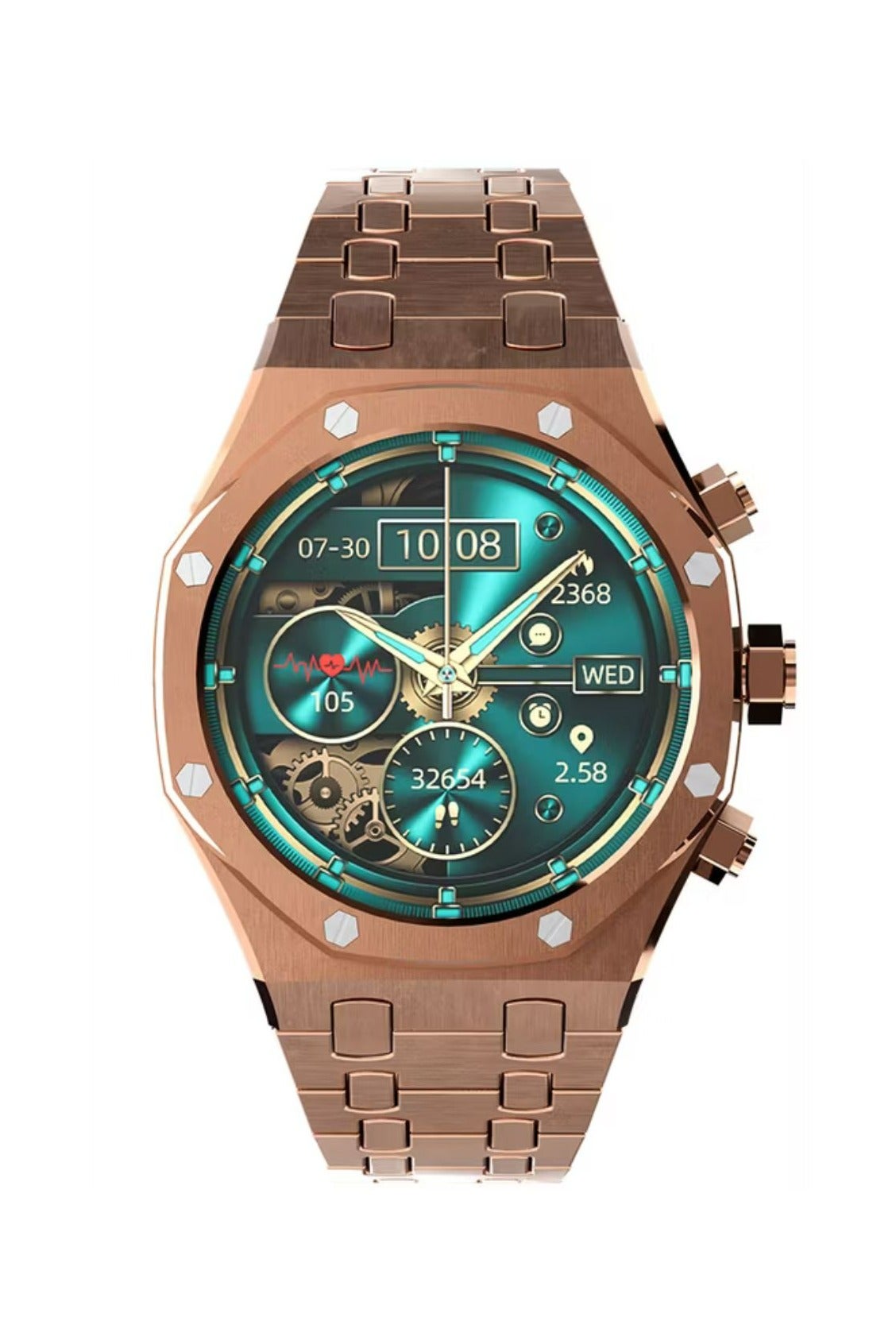 porodo Cristallo AP Smart Watch 49mm with 1.43" AMOLED Display, 466x466p Resolution, 260mAh Lithium Polymer Battery, Bluetooth V3.0, V5.0, IP68, 128MB Flash Memory, 7-15 Days Working Time - Rose Gold