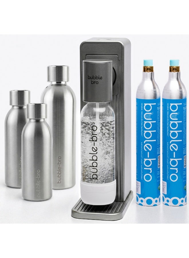 بابل-برو Bubblebro Origin Stainless Steel Edition - يأتي مع أسطوانتين من ثاني أكسيد الكربون سعة 60 لترًا، وزجاجة إضافية من الفولاذ المقاوم للصدأ سعة 1 لتر، وزجاجتين من الفولاذ المقاوم للصدأ سعة 500 مل - إصدار محدود (رمادي معدني) - Image 1