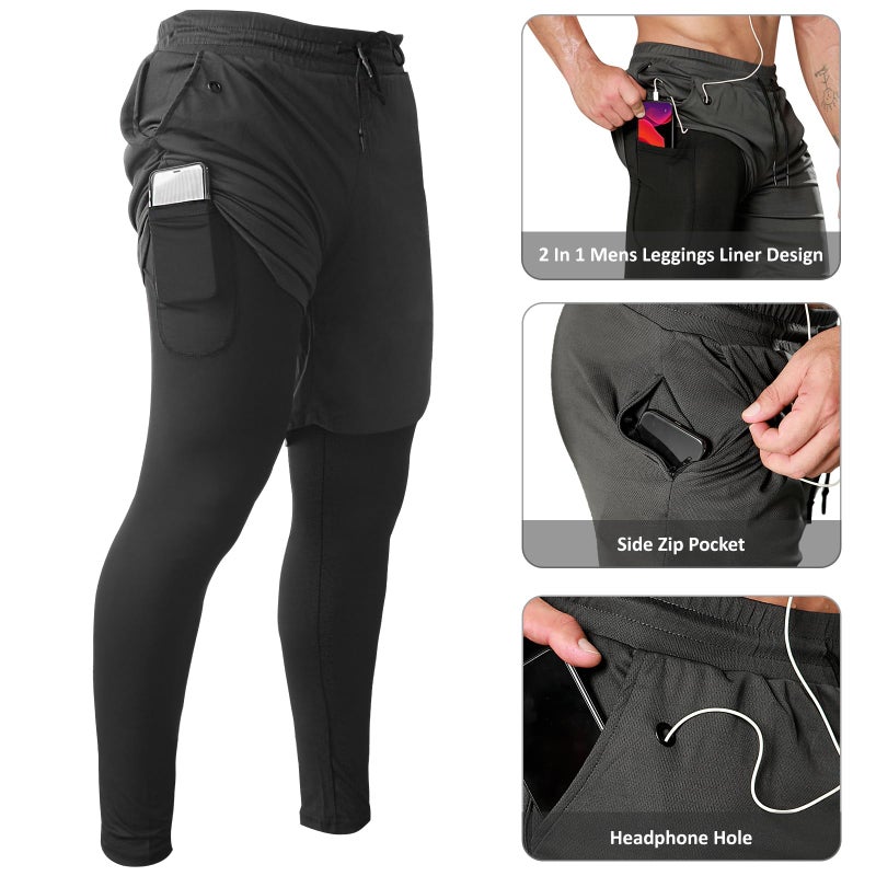 OEBLD Mens 2 Pack 2 in 1 Gym Pants Quick Dry Workout Running Shorts with Compression Pants - Image 4