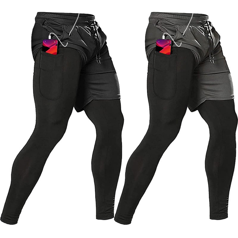 OEBLD Mens 2 Pack 2 in 1 Gym Pants Quick Dry Workout Running Shorts with Compression Pants - Image 1