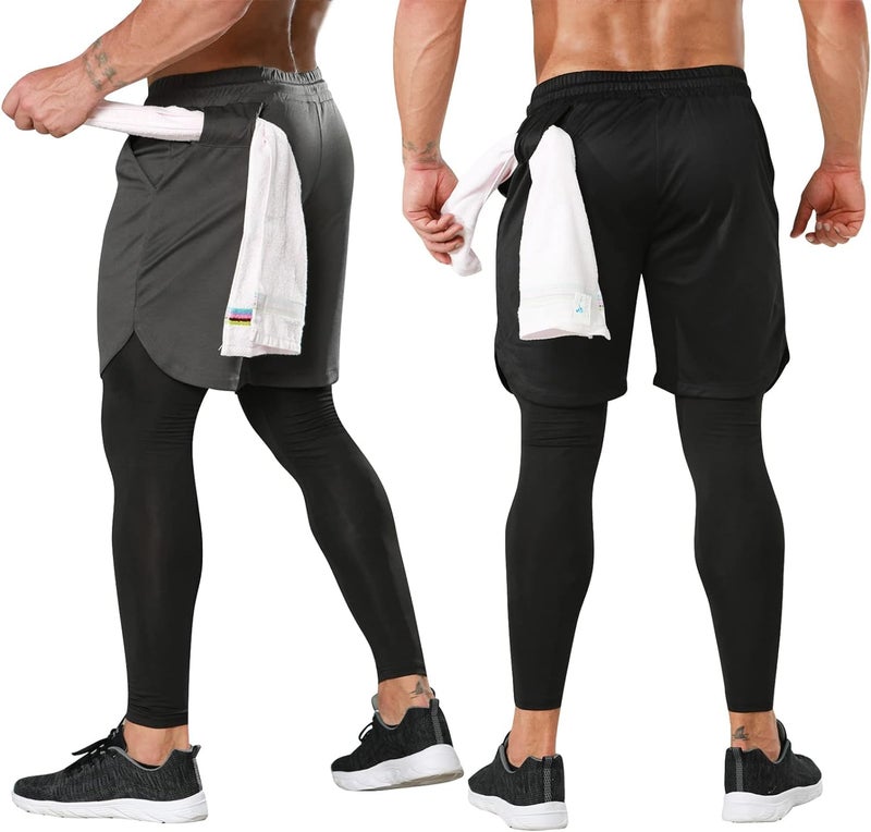 OEBLD Mens 2 Pack 2 in 1 Gym Pants Quick Dry Workout Running Shorts with Compression Pants - Image 2