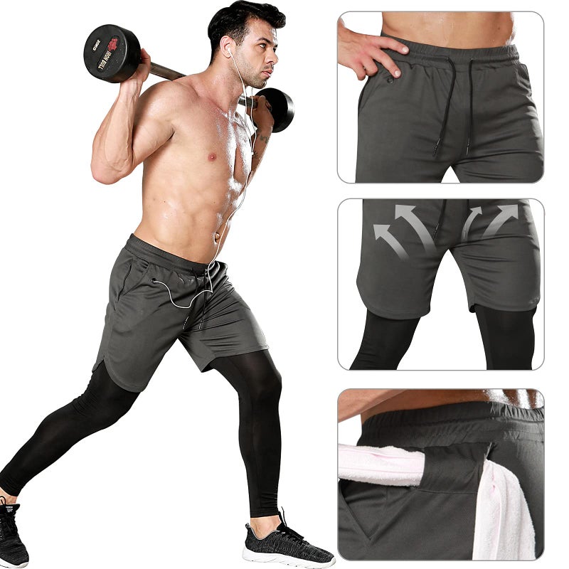 OEBLD Mens 2 Pack 2 in 1 Gym Pants Quick Dry Workout Running Shorts with Compression Pants - Image 5