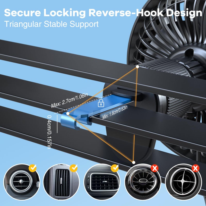 Trustnice USB Car Fan with Hook Mount - Quiet High-Speed Brushless Motor, Secure Vent Clip Portable Fan for Car, 3 Adjustable Speed, 360Â° Rotatable, Cooling Air Circulation for Vehicle, SUV, Truck, Van, RV - Image 2