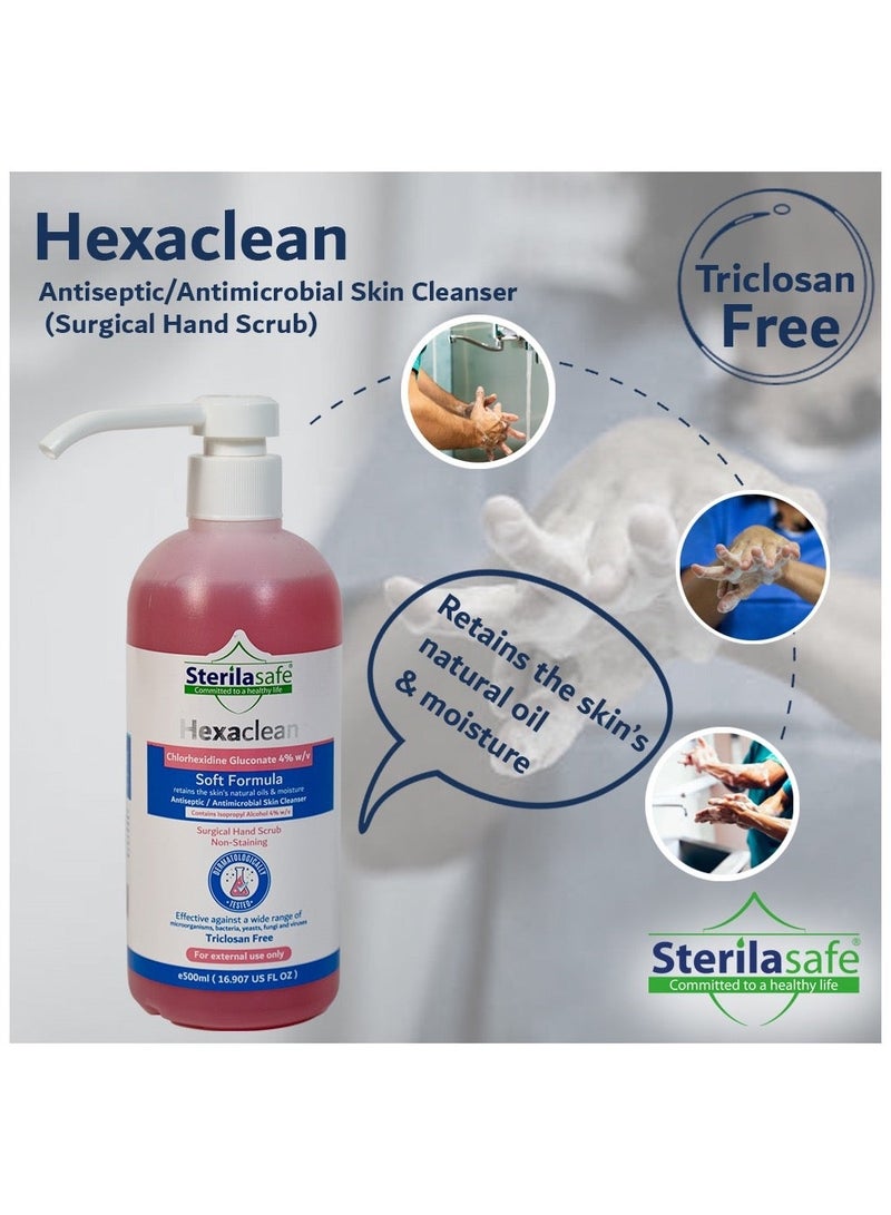 Sterilasafe ستيريلسيف هيكساكلين، مطهر، منظف جلد مضاد للبكتيريا، فرك يدوي جراحي، تركيبة ناعمة، كلورهيكسيدين جلوكونات 4% مع كحول إيزوبروبيل 4%، صابون سائل، 500 مل - Image 3