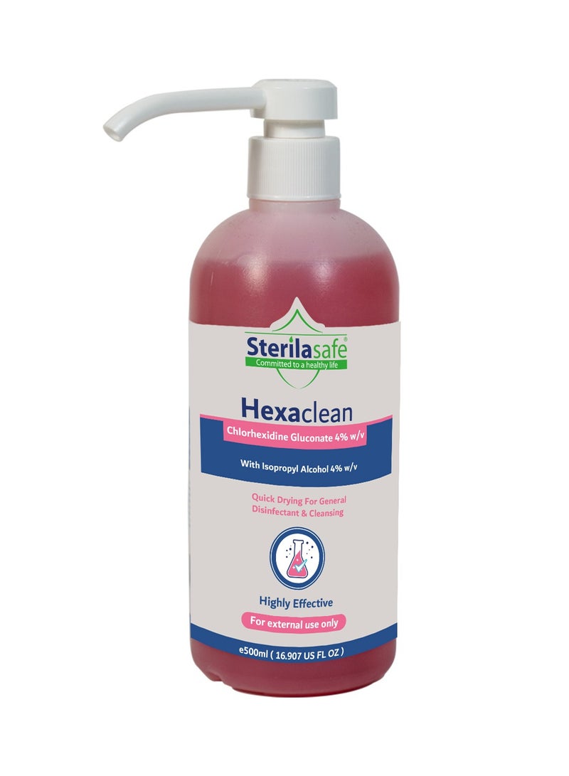 Sterilasafe ستيريلسيف هيكساكلين، مطهر، منظف جلد مضاد للبكتيريا، فرك يدوي جراحي، تركيبة ناعمة، كلورهيكسيدين جلوكونات 4% مع كحول إيزوبروبيل 4%، صابون سائل، 500 مل - Image 1