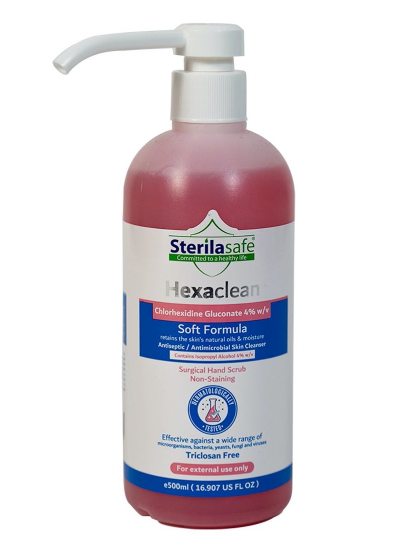 Sterilasafe Sterilasafe HexaClean, Antiseptic, Antibacterial Skin Cleanser, Surgical Hand Scrub, Soft Formula, Chlorhexidine gluconate 4% with isopropyl Alcohol 4%, Liquid Soap, 500 ML  - Image 1