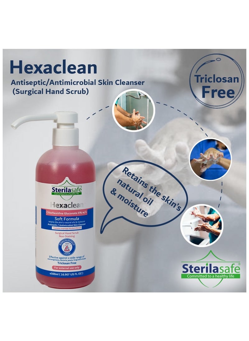 Sterilasafe Sterilasafe HexaClean, Antiseptic, Antibacterial Skin Cleanser, Surgical Hand Scrub, Soft Formula, Chlorhexidine gluconate 4% with isopropyl Alcohol 4%, Liquid Soap, 500 ML  - Image 3