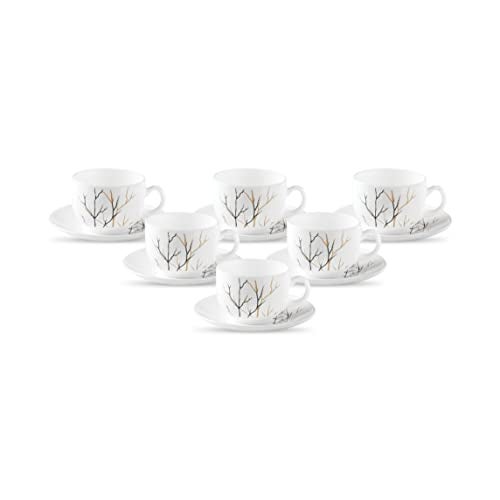 La Opala Diva, Opal Glass Crockery | Cup & Saucer Iris Regular, Set of 12 | Golden Fall, 160 ml | for Tea & Coffee | Microwave Safe | 100% Vegetarian | Extra Strong | Super Light | Super White - Image 1