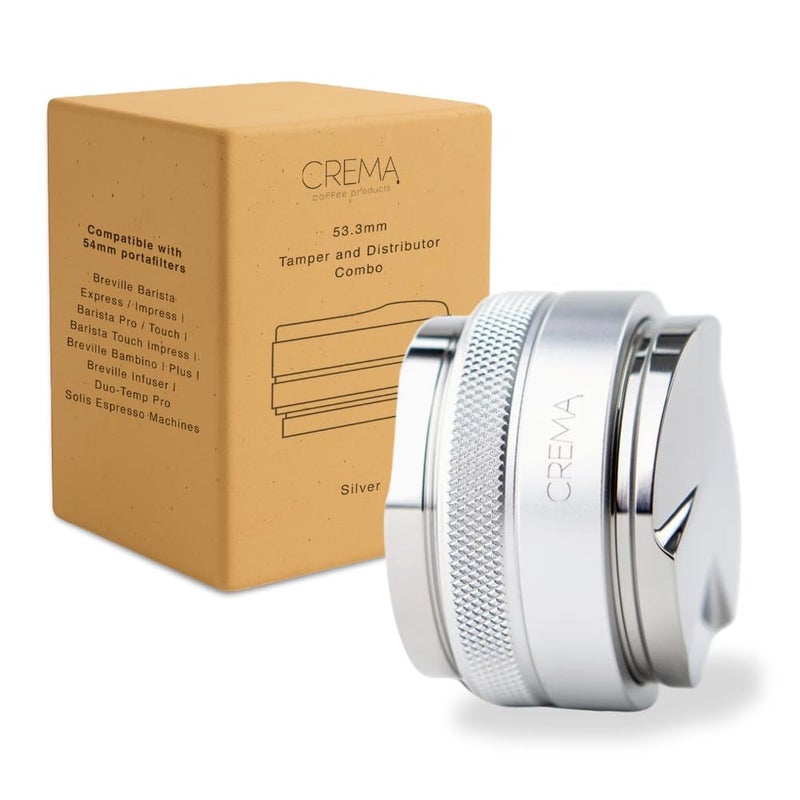 CREMA Coffee Products 54mm Hand Tamper & Coffee Distributor | Compatible with Breville Portafilters | Double-Sided, Adjustable Depth Tool | Made with Durable 304 Stainless Steel | Silver - Image 1