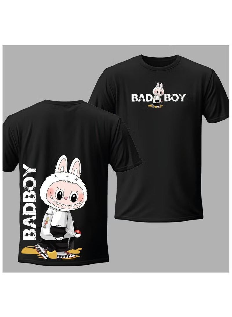 LABUBU Bad Boy Cartoon T-Shirt - Short Sleeve Unisex Couples Casual Wear, Cute and Trendy Pure Cotton Top Black - Image 2