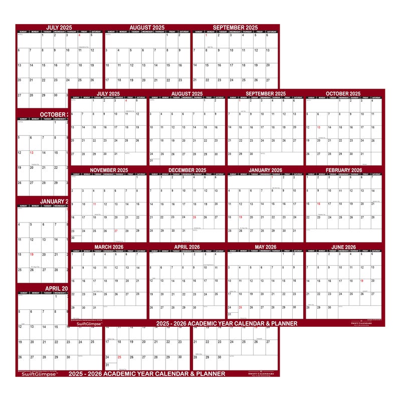 Swiftmaps 24" x 36" SwiftGlimpse 2025-2026 Academic Wall Calendar, Erasable, Large, Wet & Dry Erase Laminated, Reversible, Yearly Planner, JULY 2025 to JUNE 2026 ONLY, Maroon - Image 1