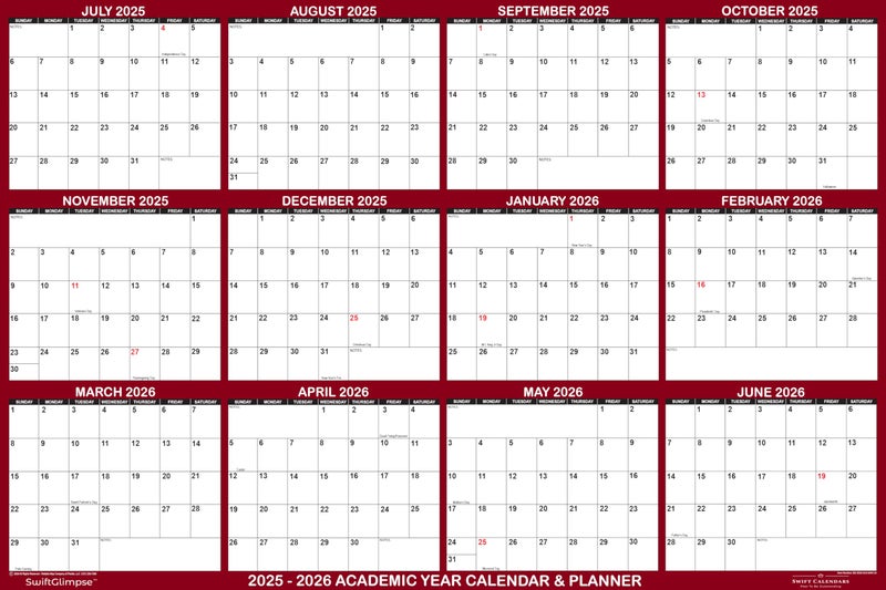 Swiftmaps 24" x 36" SwiftGlimpse 2025-2026 Academic Wall Calendar, Erasable, Large, Wet & Dry Erase Laminated, Reversible, Yearly Planner, JULY 2025 to JUNE 2026 ONLY, Maroon - Image 2