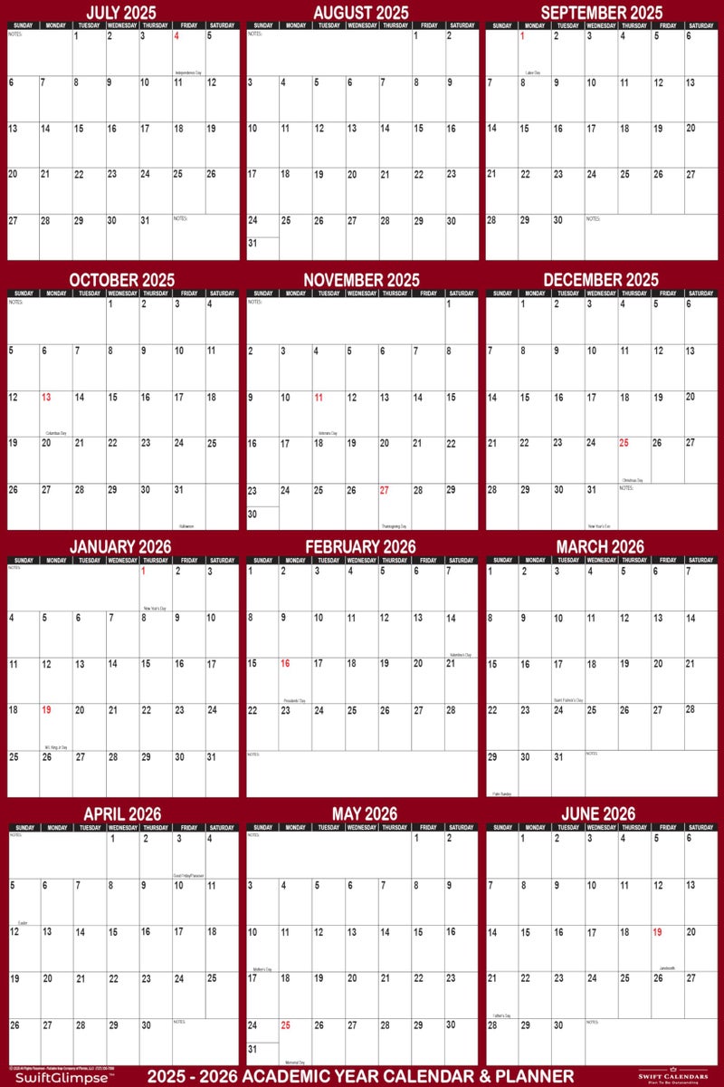 Swiftmaps 24" x 36" SwiftGlimpse 2025-2026 Academic Wall Calendar, Erasable, Large, Wet & Dry Erase Laminated, Reversible, Yearly Planner, JULY 2025 to JUNE 2026 ONLY, Maroon - Image 3