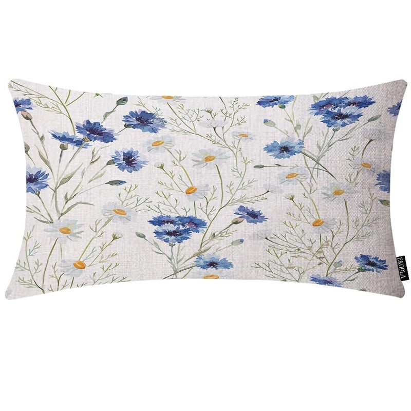 EKOBLA Watercolor Flowers Home Decorative Rectangle Pillow Cases Blue Cornflower White Daisy Spring Blossom Lumbar Cotton Linen Throw Pillow Covers Cushion Case Rectangle Oblong 12x20 Inches