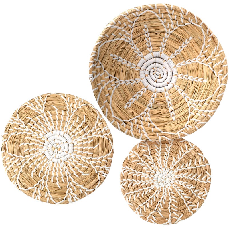 Boho Wall Basket Decor Set of 3 Decorative Bulrush Woven Basket Wall Decor Set Rustic Hanging Handmade Round Woven Decoration with African Design for Living Room Bedroom Farmhouse Gift IdeaBright