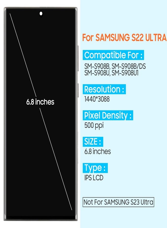 ARSSLY شاشة بديلة لهاتف سامسونج جالاكسي S22 ألترا 5G شاشة LCD محول رقمي SM-S908B SM-S908U قطع غيار لإصلاح شاشة اللمس (أسود مع إطار، مقاوم لبصمات الأصابع) - Image 3