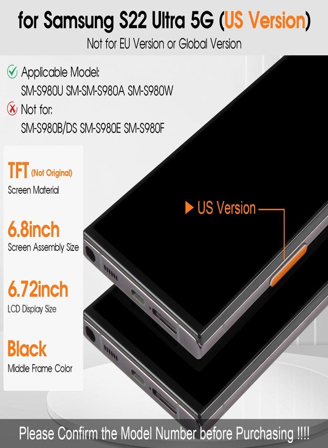 ARSSLY شاشة بديلة لهاتف سامسونج جالاكسي S22 ألترا 5G شاشة LCD محول رقمي SM-S908B SM-S908U قطع غيار لإصلاح شاشة اللمس (أسود مع إطار، مقاوم لبصمات الأصابع) - Image 2
