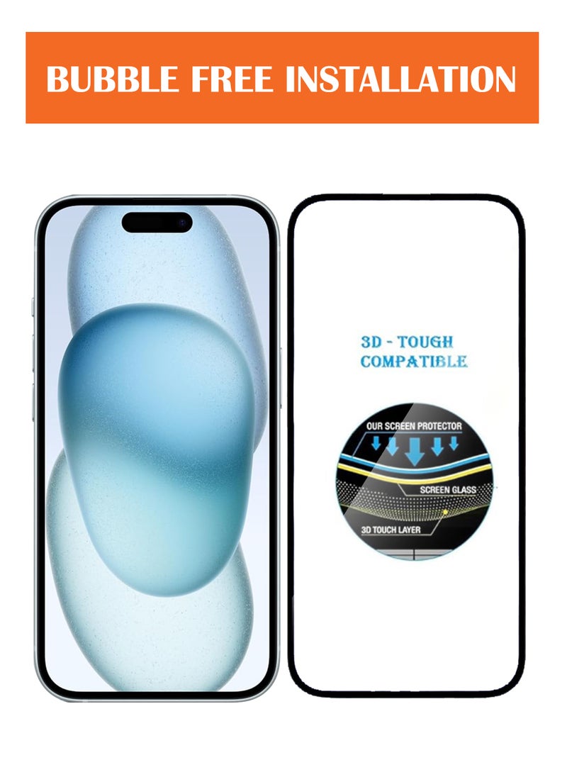 NAFCO - For iPhone 15 - Full Glue Tempered Glass Screen Protector - Advanced Border-Less Full Edge to Edge ,Shatterproof , High Responsiveness , Higher Transparency , Quick to Install ,Anti-scratch and Bubble-free Screen Protector - Black - Image 1