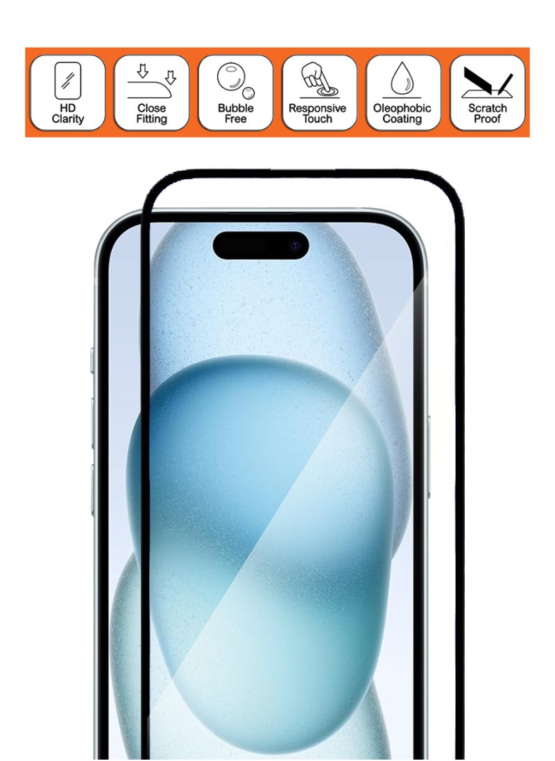 NAFCO - For iPhone 15 - Full Glue Tempered Glass Screen Protector - Advanced Border-Less Full Edge to Edge ,Shatterproof , High Responsiveness , Higher Transparency , Quick to Install ,Anti-scratch and Bubble-free Screen Protector - Black - Image 1