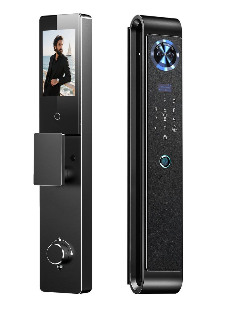 الينك مفتاح الأمان الذكي الجيل التالي من A-Link مع دربان بصرية – التعرف على الوجه، الوصول عبر الأوعية الوريدية في اليد وNFC، بطارية قابلة للإعادة الشحن سعة 5000 ميه، التقاط الحركة بالرادار البصري لليلة، تطبيق TUYA باللمسة الواحدة، أسطوانة مقبس من فئة C، مع تضمين 7 بطاقات وصول سوداء - Image 1