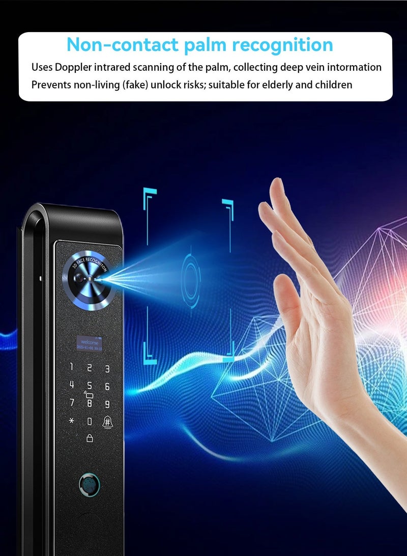 الينك مفتاح الأمان الذكي الجيل التالي من A-Link مع دربان بصرية – التعرف على الوجه، الوصول عبر الأوعية الوريدية في اليد وNFC، بطارية قابلة للإعادة الشحن سعة 5000 ميه، التقاط الحركة بالرادار البصري لليلة، تطبيق TUYA باللمسة الواحدة، أسطوانة مقبس من فئة C، مع تضمين 7 بطاقات وصول سوداء - Image 2