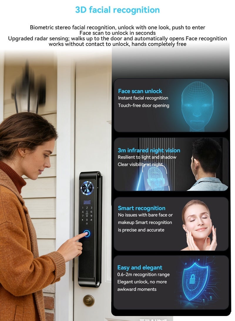 الينك مفتاح الأمان الذكي الجيل التالي من A-Link مع دربان بصرية – التعرف على الوجه، الوصول عبر الأوعية الوريدية في اليد وNFC، بطارية قابلة للإعادة الشحن سعة 5000 ميه، التقاط الحركة بالرادار البصري لليلة، تطبيق TUYA باللمسة الواحدة، أسطوانة مقبس من فئة C، مع تضمين 7 بطاقات وصول سوداء - Image 3