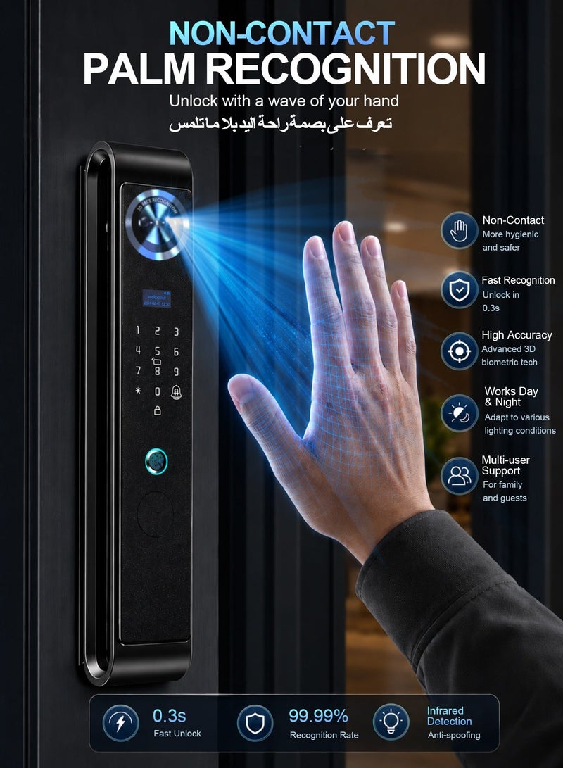 الينك مفتاح الأمان الذكي الجيل التالي من A-Link مع دربان بصرية – التعرف على الوجه، الوصول عبر الأوعية الوريدية في اليد وNFC، بطارية قابلة للإعادة الشحن سعة 5000 ميه، التقاط الحركة بالرادار البصري لليلة، تطبيق TUYA باللمسة الواحدة، أسطوانة مقبس من فئة C، مع تضمين 7 بطاقات وصول سوداء - Image 3