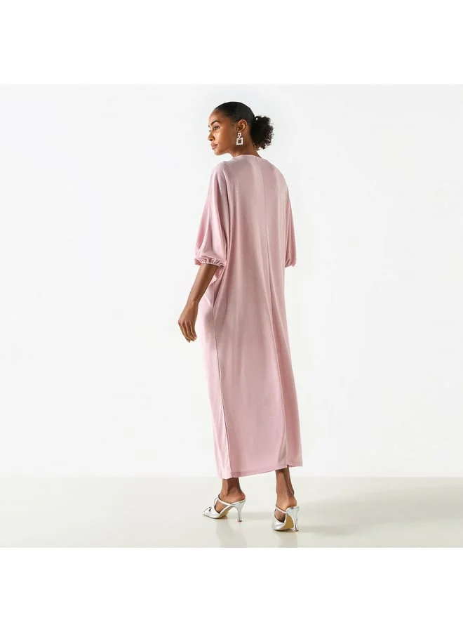 Iconic Iconic Textured Kaftan Dress with V-neck and Drape Detail
