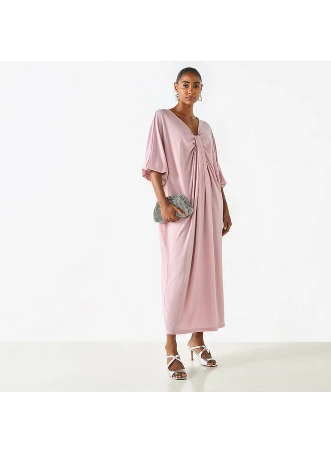 Iconic Iconic Textured Kaftan Dress with V-neck and Drape Detail