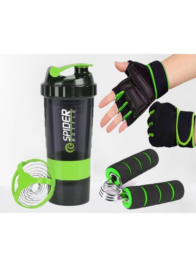 FIT FOCUS New Gym Shaker Combo for Men Combo Set for Men and Women Workout - Boost Your Workout with Gym Shaker, Gym Gloves & Mini Gripper | 500ml Shaker Bottle | Workout Gloves | Workout Gripper (Green) - Image 1