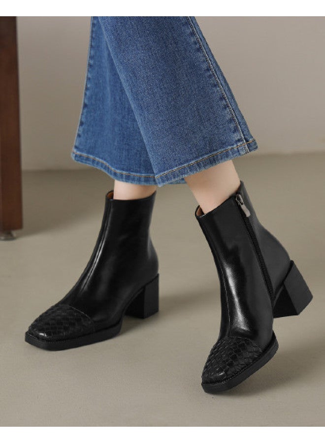 AME Fashion Stylish Ankle Boots 2025 Autumn Winter New Woven Patchwork Design Chunky Heel Slim Boots For Women Commute - Image 1