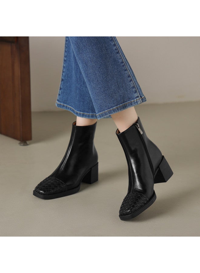 AME Fashion Stylish Ankle Boots 2025 Autumn Winter New Woven Patchwork Design Chunky Heel Slim Boots For Women Commute - Image 3